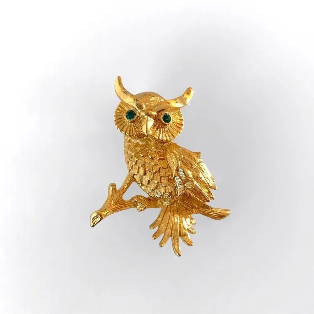 Monet Gold Rhinestone Owl Brooch